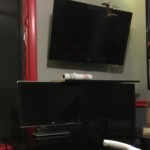 My work area under construction My work area with 2 PC monitors with a 39 inch TV above, Viewscreen 2