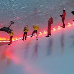 TOS ornaments of one D7 and characters Trip, Sulu, Chekov, Kirk, Khan, Uhura and Spock hang from fishing line