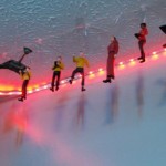 TOS ornaments of one D7 and characters Trip, Sulu, Chekov, Kirk, Khan, Uhura and Spock hang from fishing line